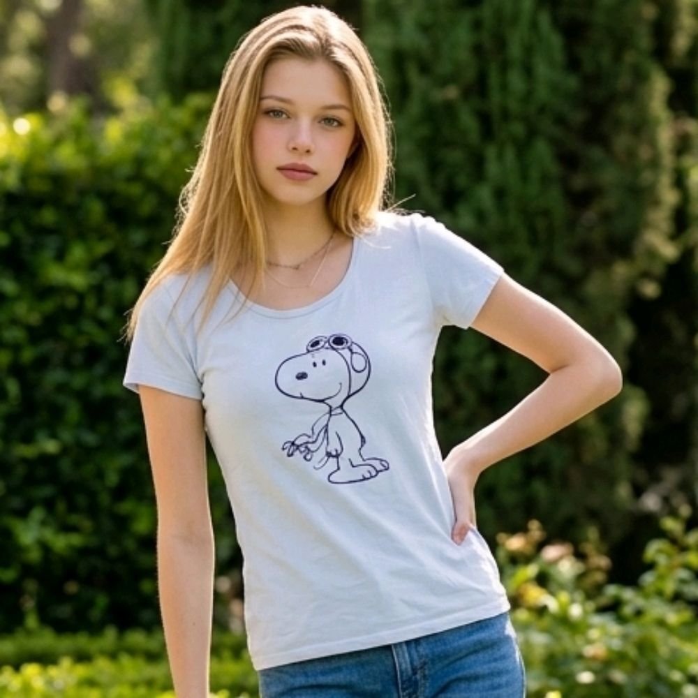 Peanuts Snoopy Flying Ace Graphic Tee Youth L White Retro Cartoon Aviator Shirt